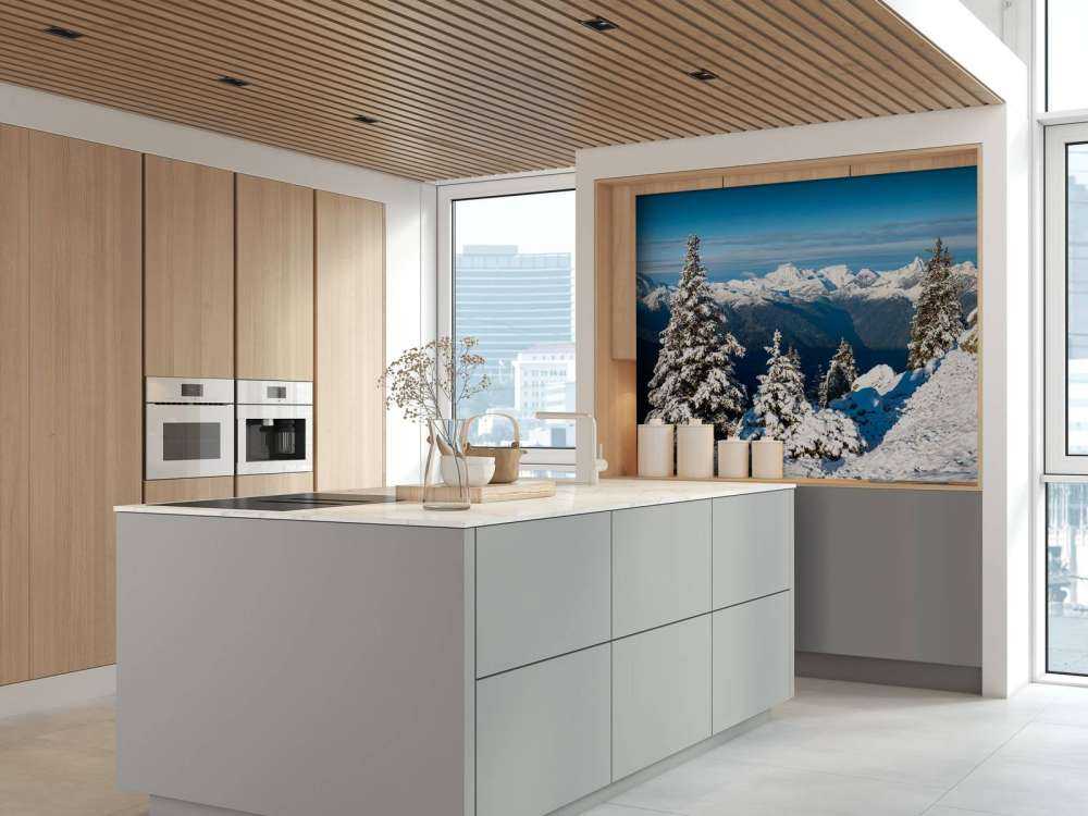 Besneeuwde dennen met bergzicht