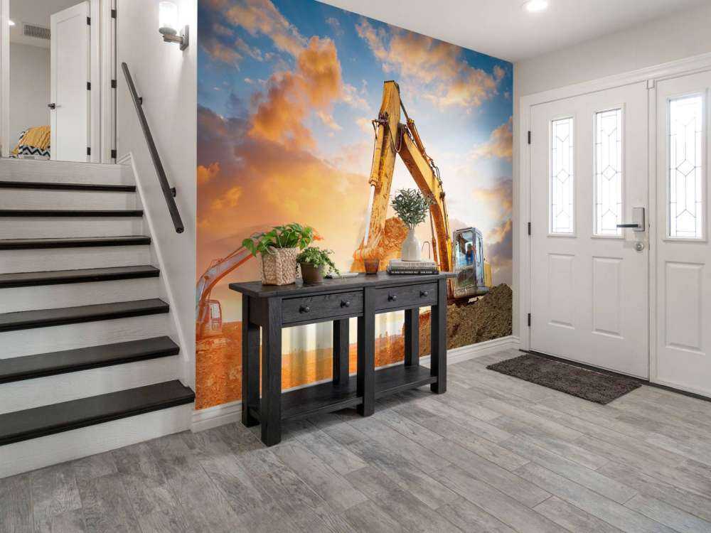 Graafmachines bij zonsondergang