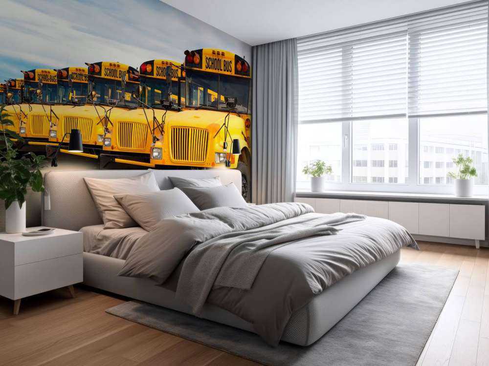 Rij met gele schoolbussen