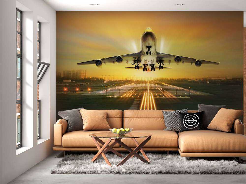 Passagiersvliegtuig stijgt op bij zonsondergang