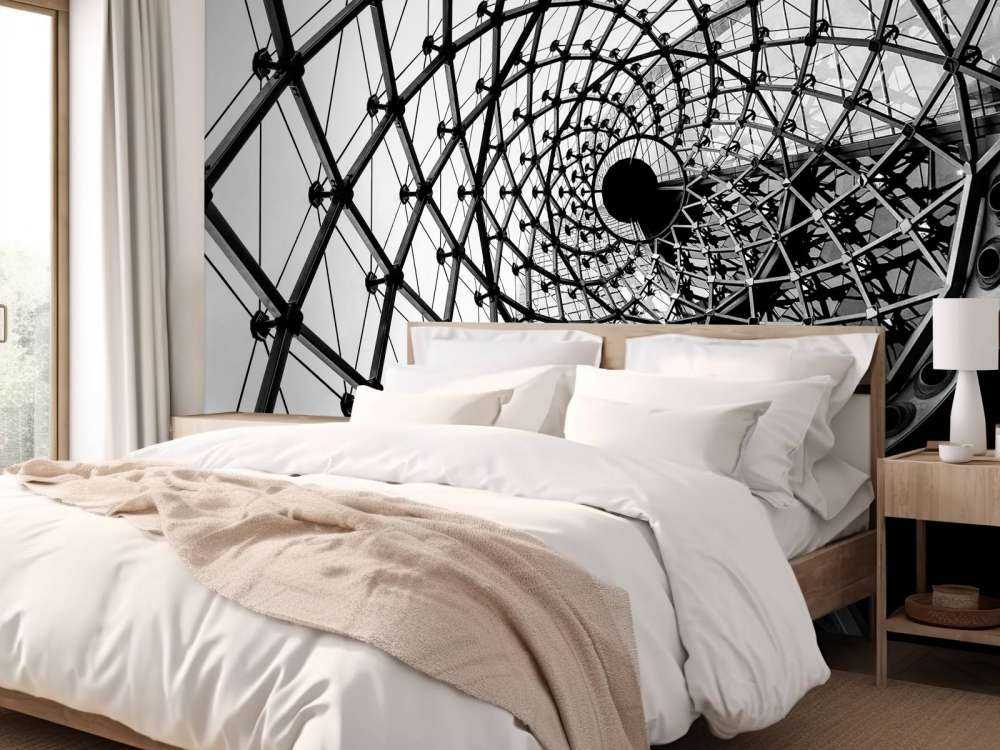 Spiraalvormige architectuur in zwart-wit