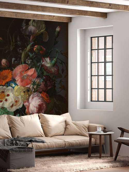 Stilleven met bloemen op een marmeren tafelblad