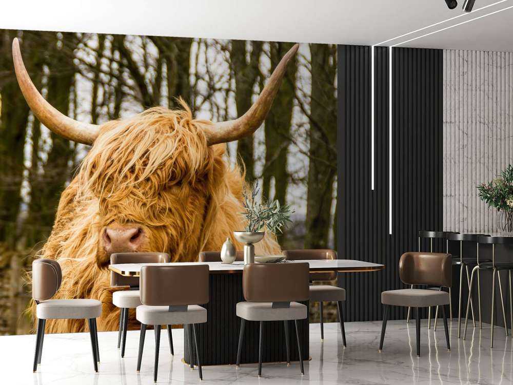 Schotse Hooglander met Bomen op achtergrond