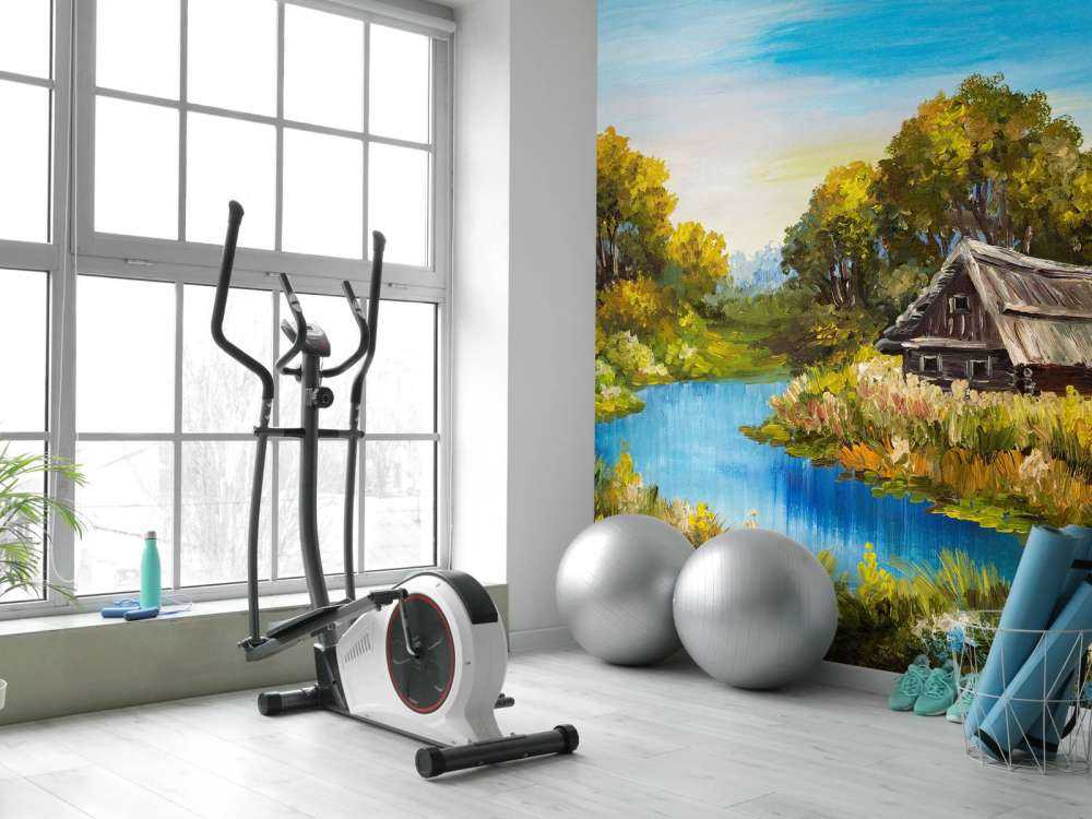 Boerderij aan een rivier schilderij