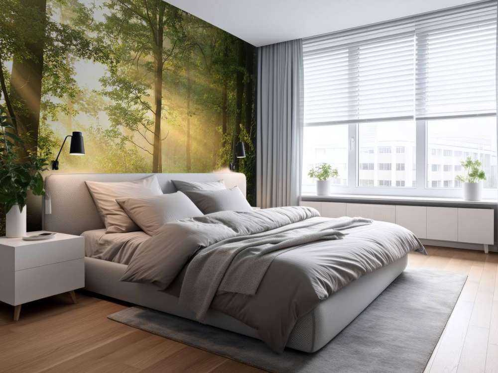 Mistige bosweg bij zonsopkomst