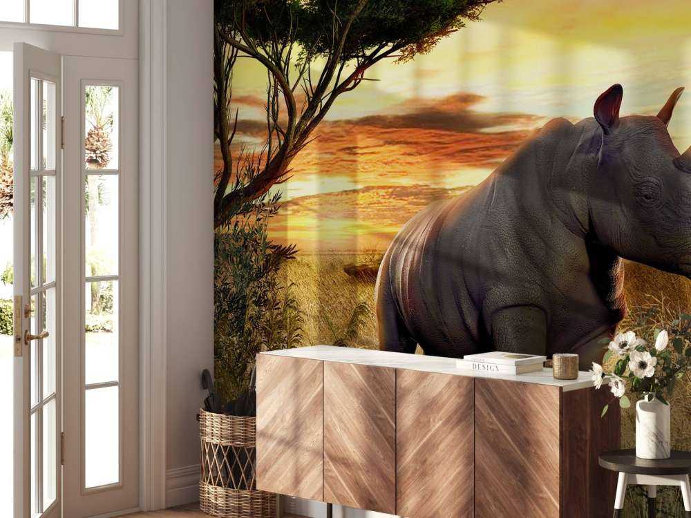 Neushoorn bij zonsondergang