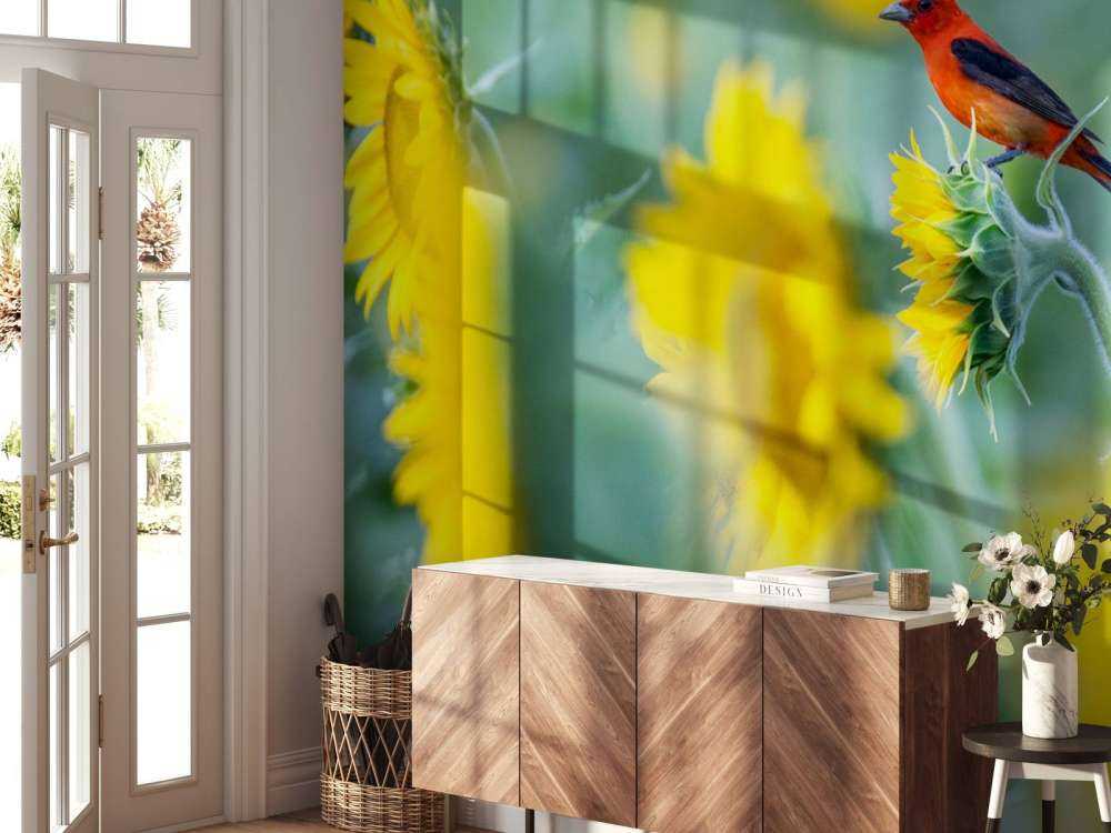 Zonnebloemenveld met rood vogeltje