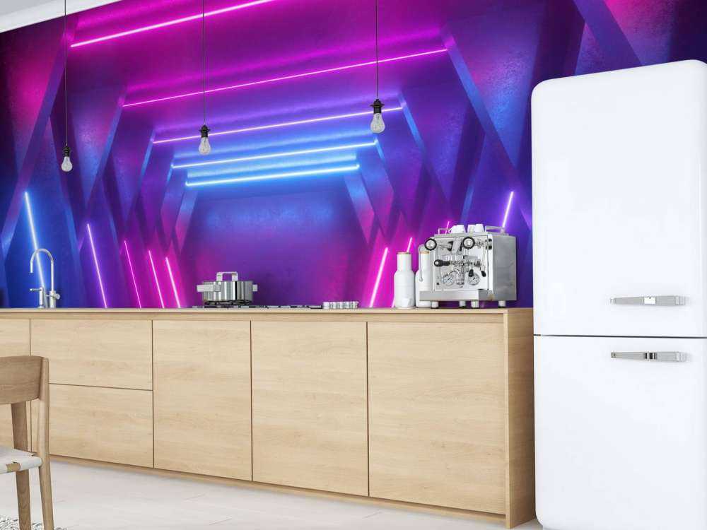 Neon verlichte ruimte met balken