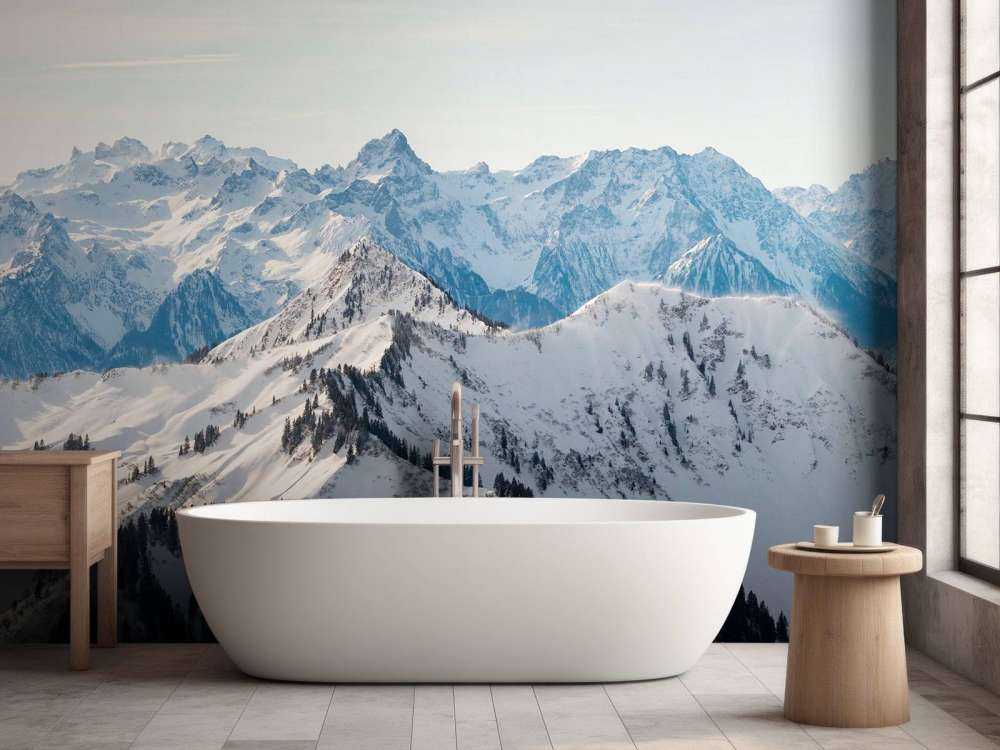 Winterse bergketen met besneeuwde sparrenrug