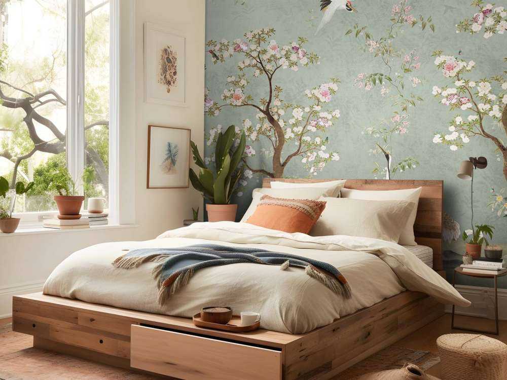 Bloesembomen met kraanvogels op jadegroen