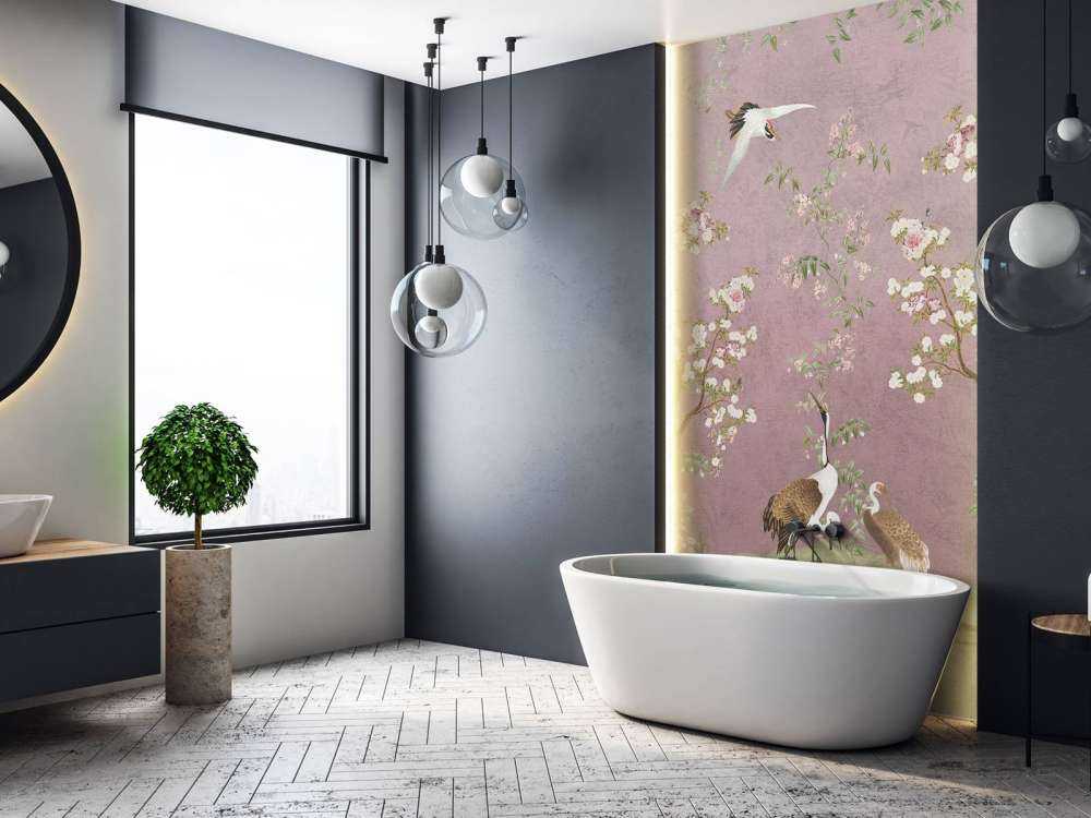 Kraanvogels onder bloesemroze hemel