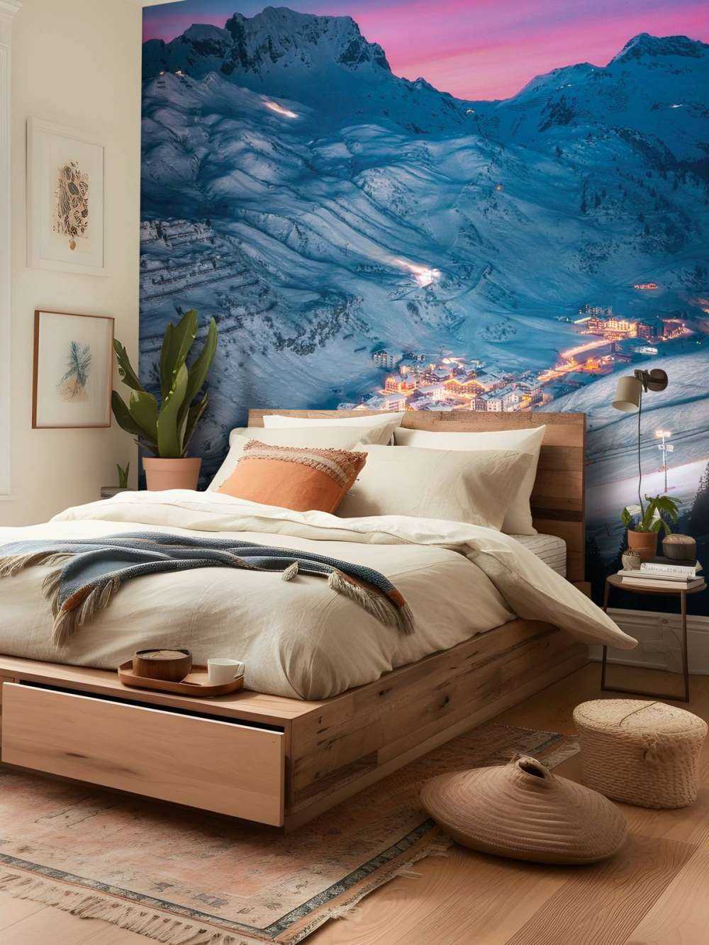 Sneeuwdorp onder paarse avondlucht