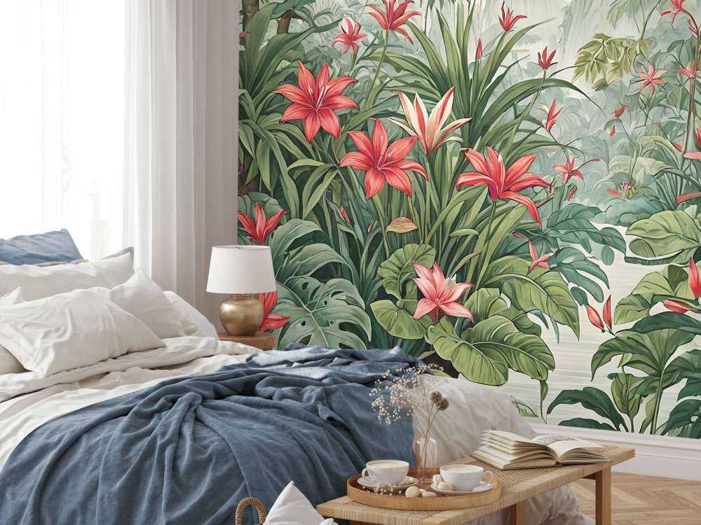 Tropisch leliebos in ochtendmist