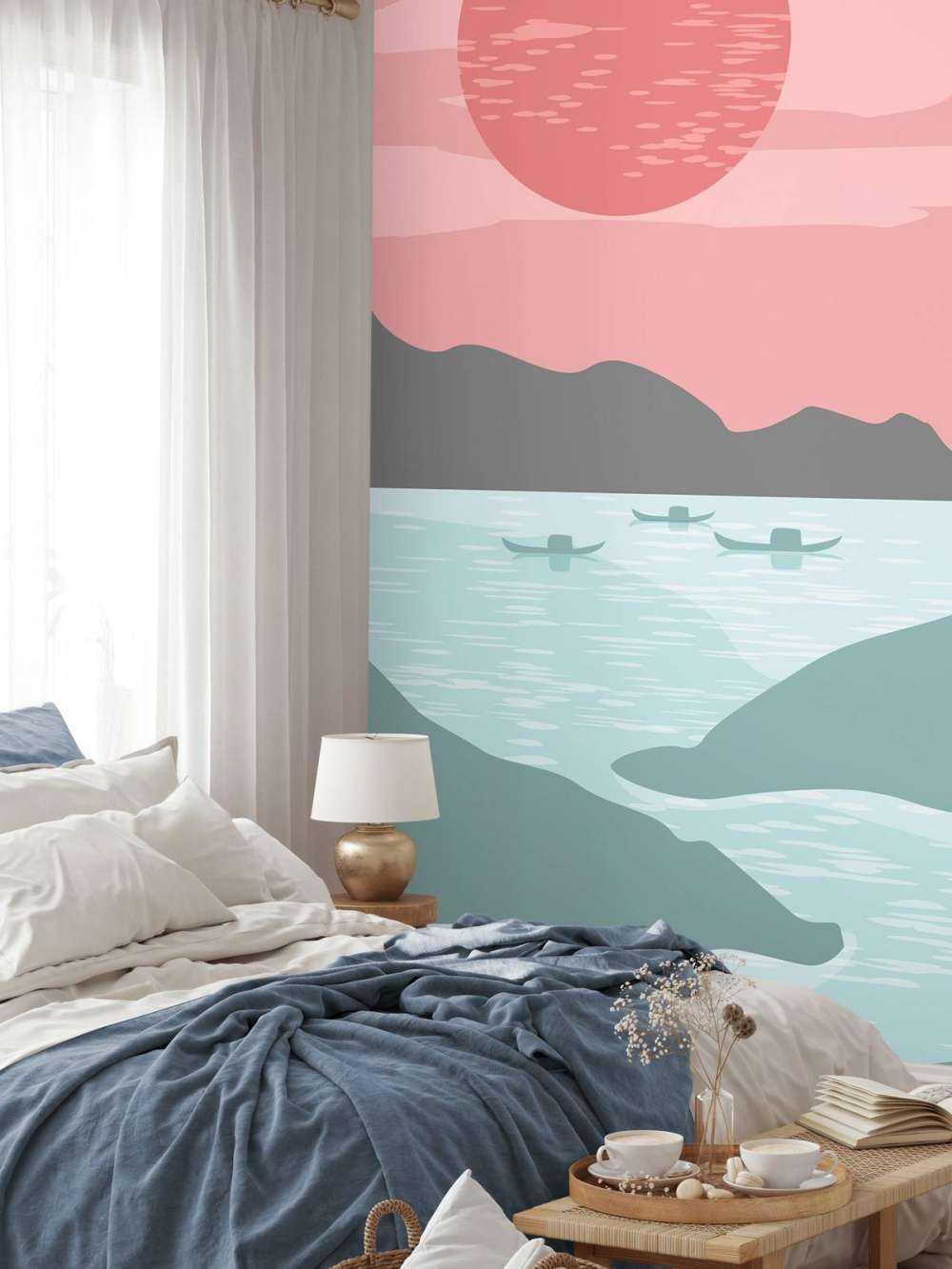 Illustratie van bergen en bootjes