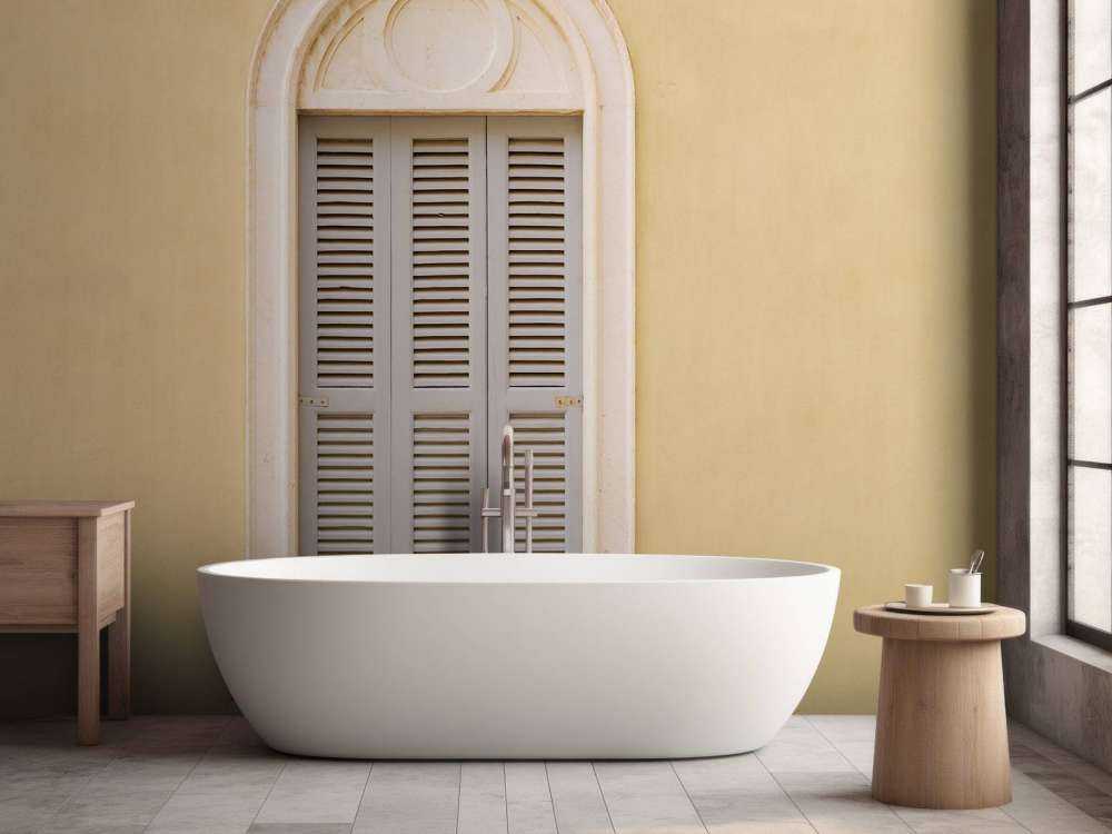 Raam met houten luiken op gele muur