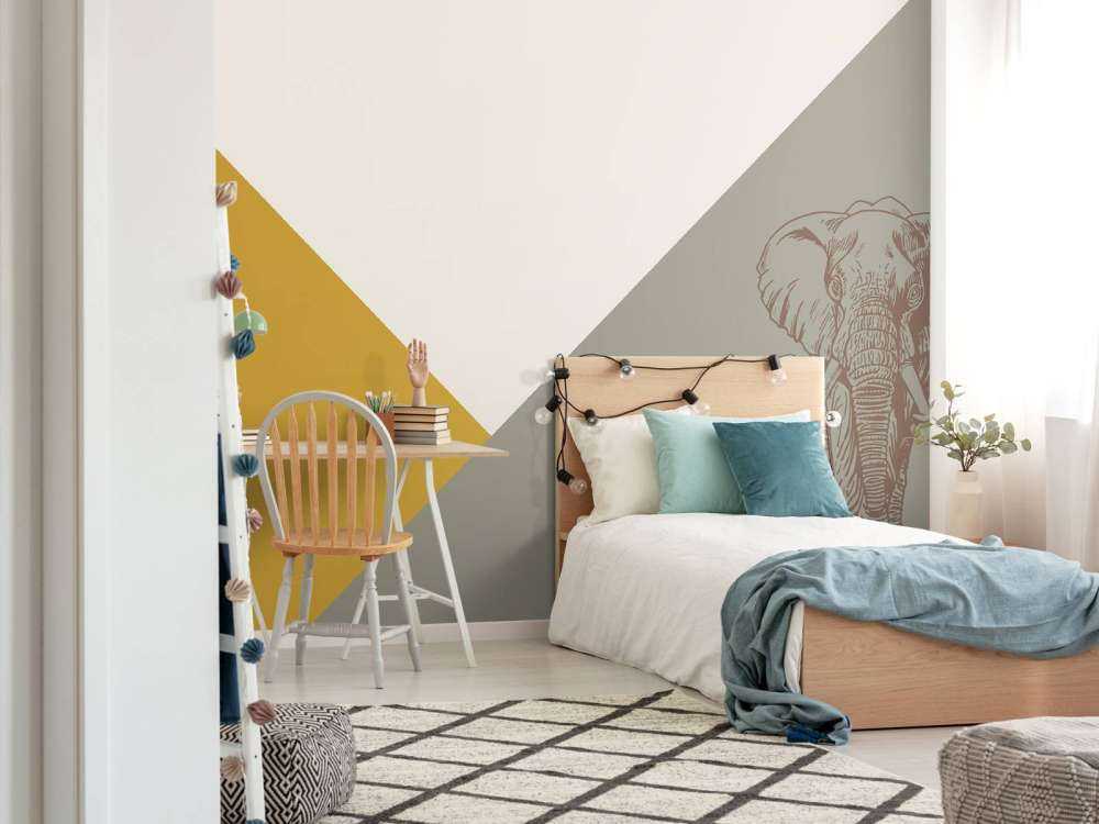 Driehoeken in okergeel en groen met olifant