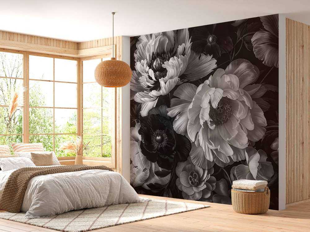 Baroque maximalistic flower garden greyscale
