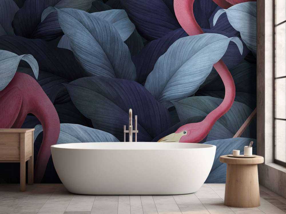 Flamingo's met bladeren