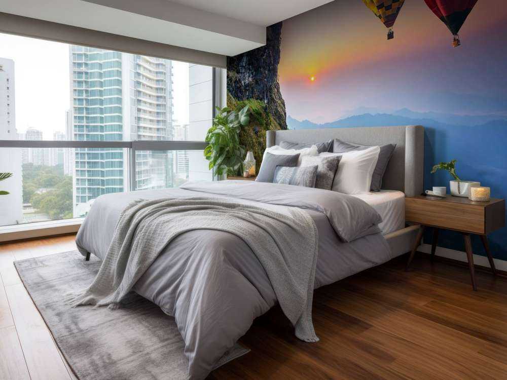 Luchtballonnen in de avond boven een berglandschap