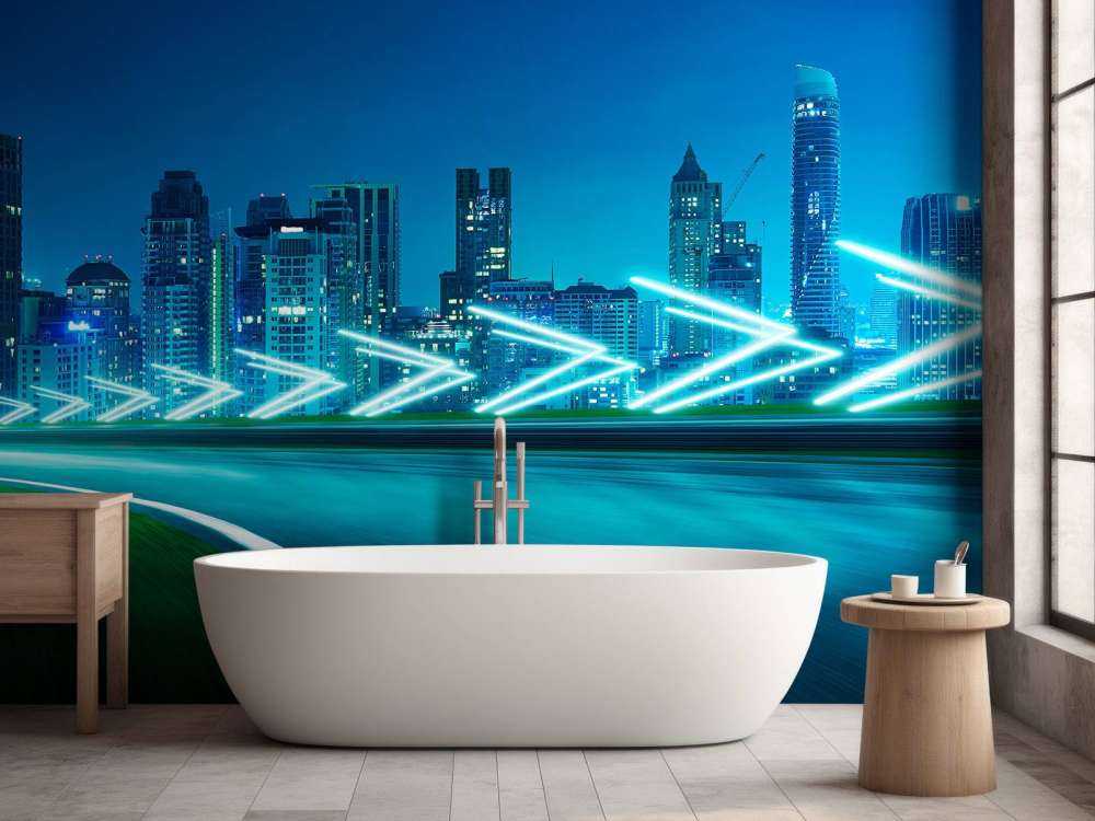 Futuristische snelweg langs een grote stad