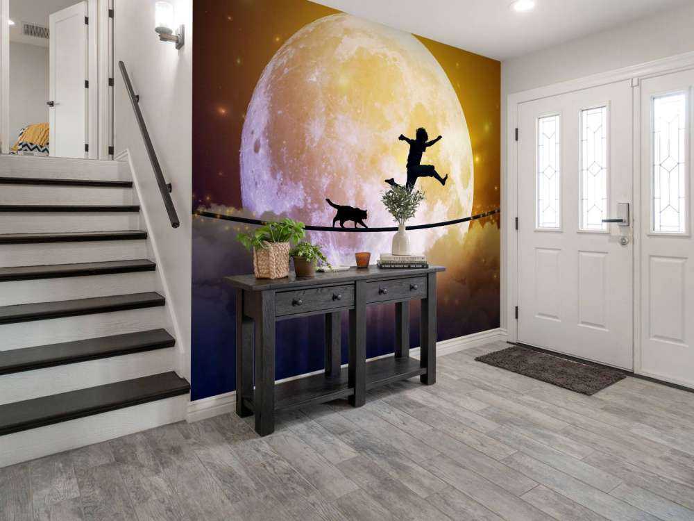 Gelukkige tiener en kat op een koord langs de maan