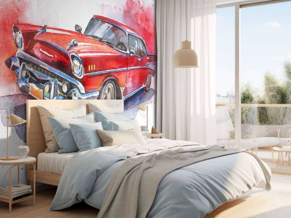 Aquarel van een rode ouderwetse auto