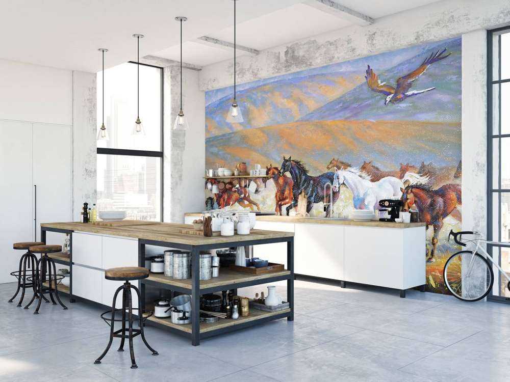 Schilderij van paarden en een vliegende adelaar