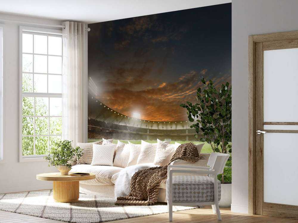 Verlicht voetbalstadion met wolken