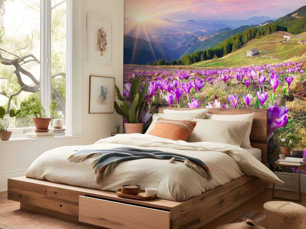 Bloemenveld van krokussen in de bergen