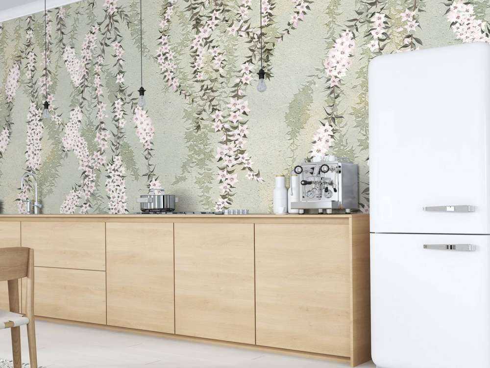 Bloemtakken op groen beton