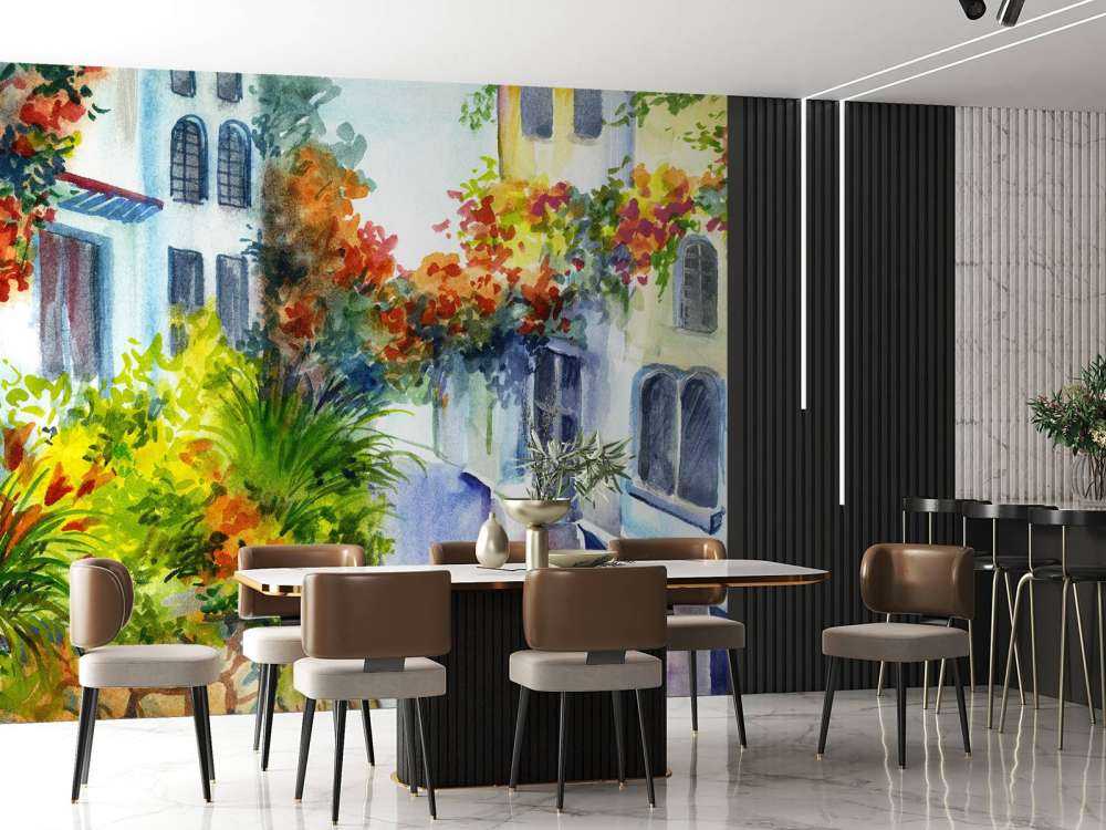 Waterverf bloemen en gebouwen