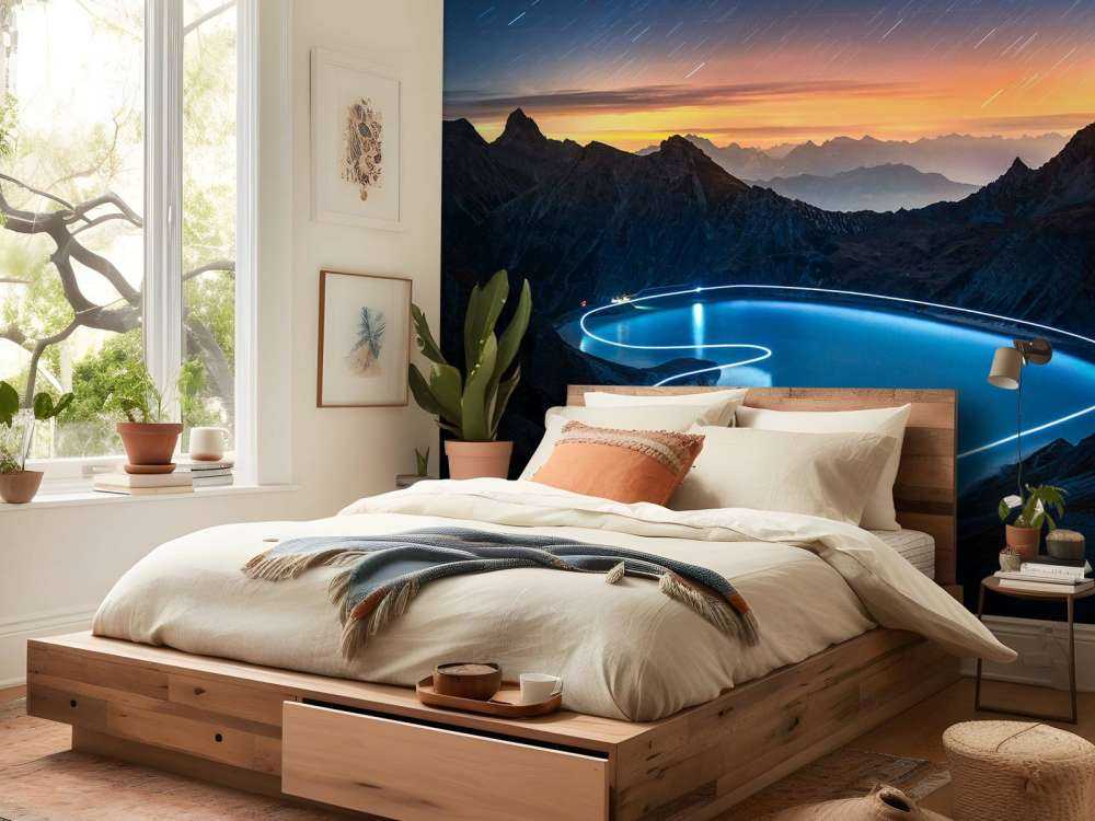 Lichtpad rond bergmeer bij nacht