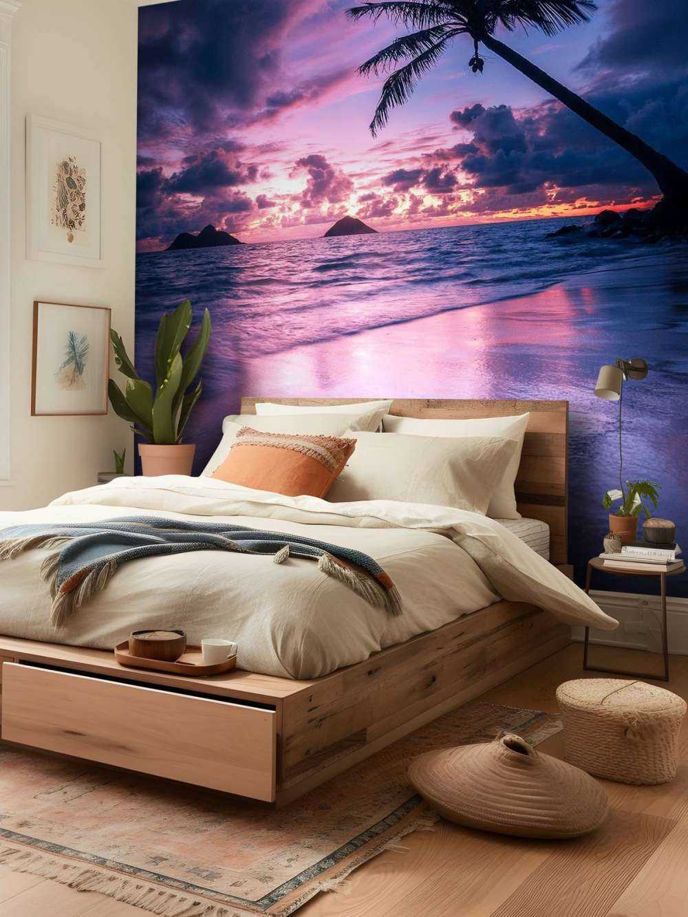 Palmstrand bij paarse zonsondergang