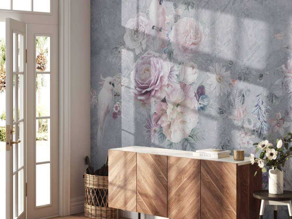 Papegaaien tussen bloemen