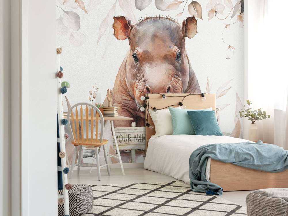 Baby nijlpaard in de bladeren taupe