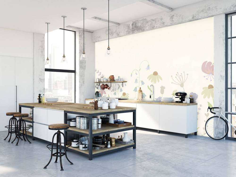 Bloemenveld hoog beige, oud roze, groen en lila