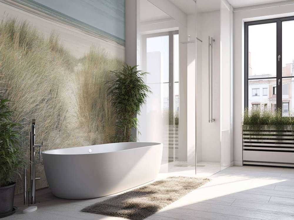 Grassy sand dunes on the sea coast under blue sky