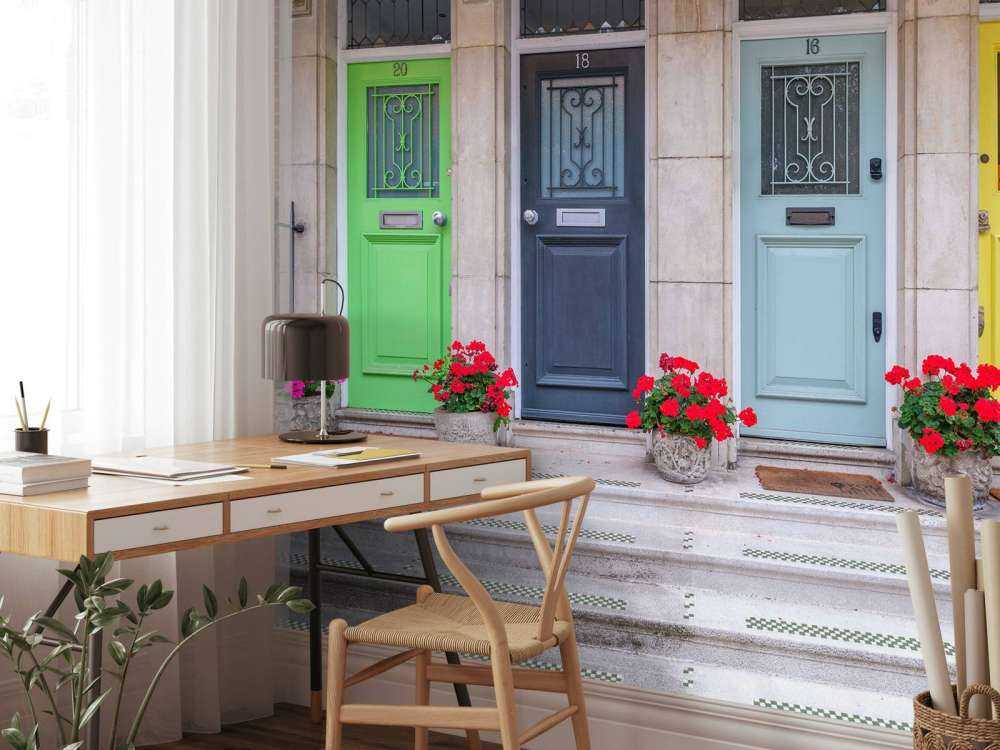 Multicolored doors of residential building, London