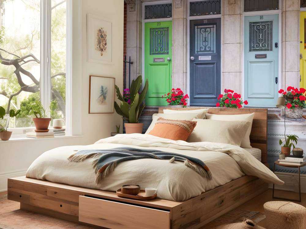 Multicolored doors of residential building, London