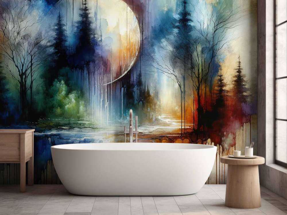 Watercolor Abstract Forest At Moonlight