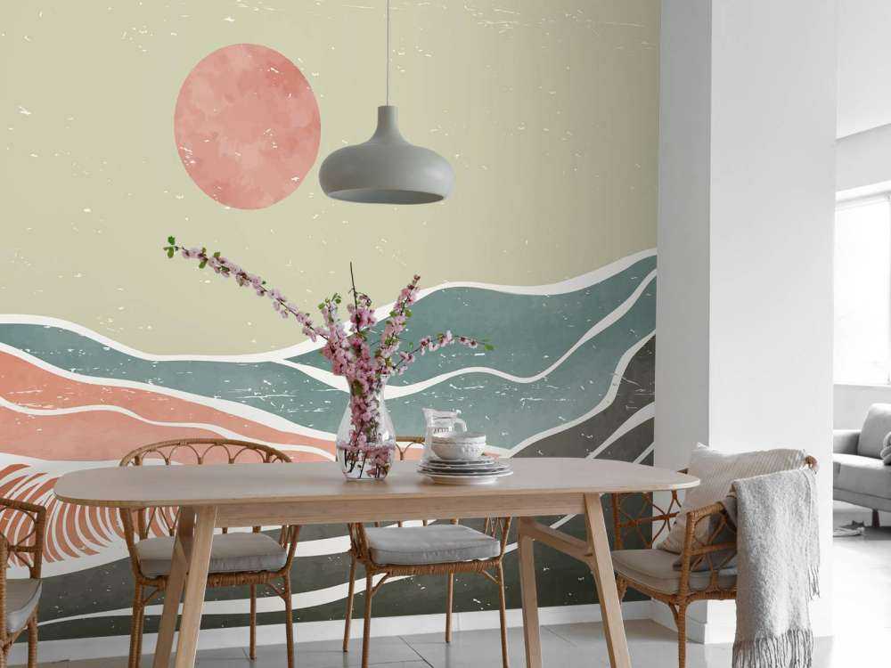 Gekleurde oceaangolven met een rode maan