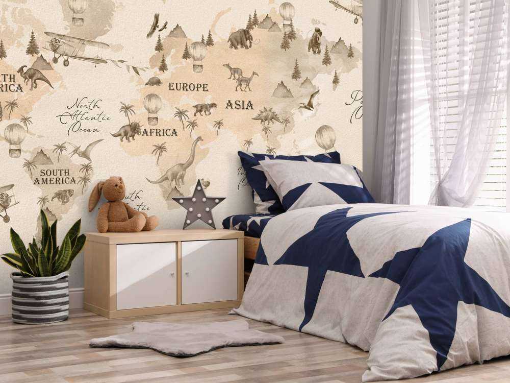 Wereldkaart met dino's beige