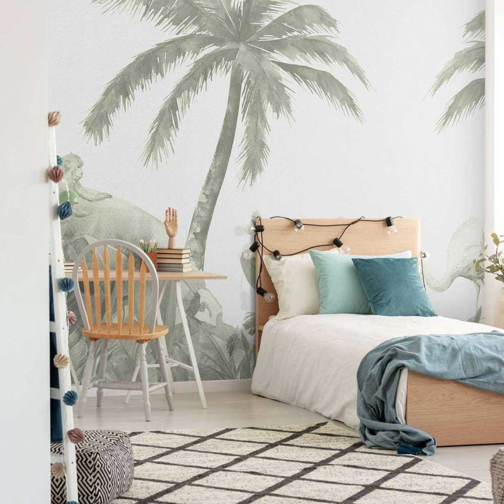 Apen en flamingo's in groen