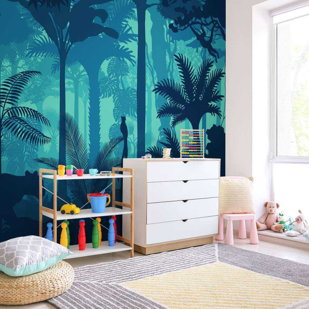 Blauwe jungle silhouetten