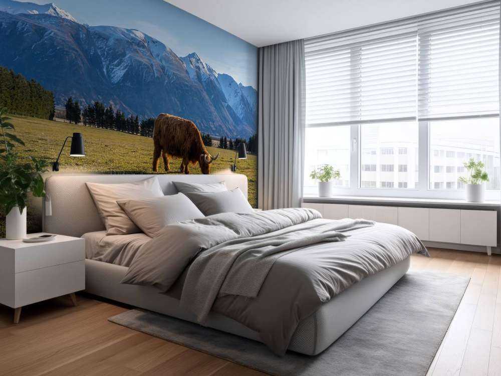 Hooglander met ingesneeuwde bergen