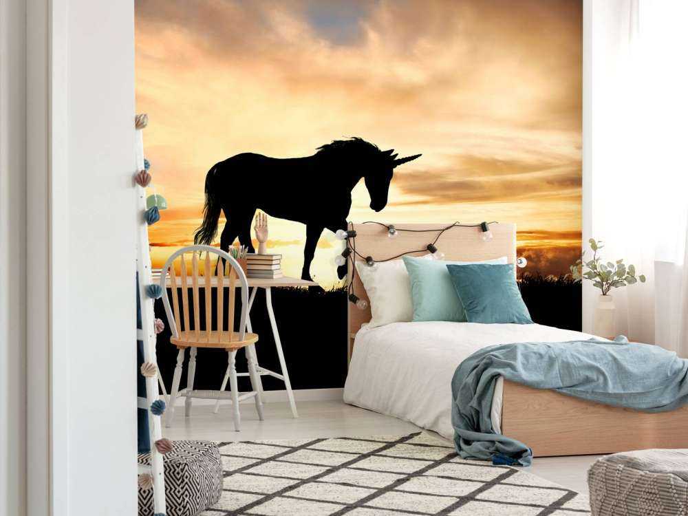 Unicorn silhouette bij zonsondergang