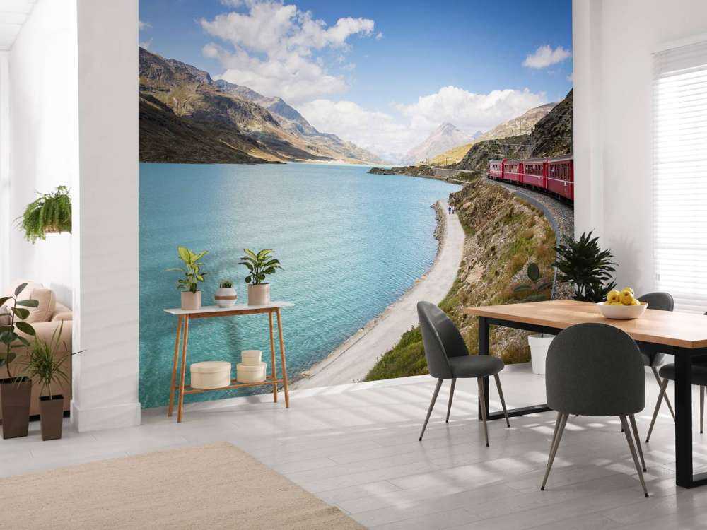 Rode trein langs een meer