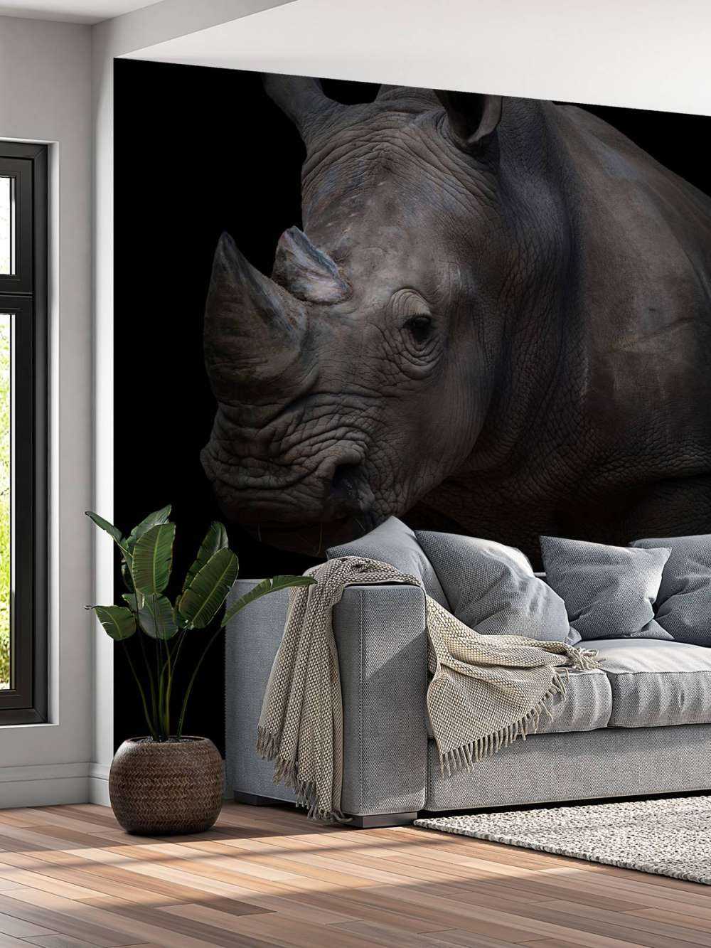 Neushoorn met een zwarte achtergrond