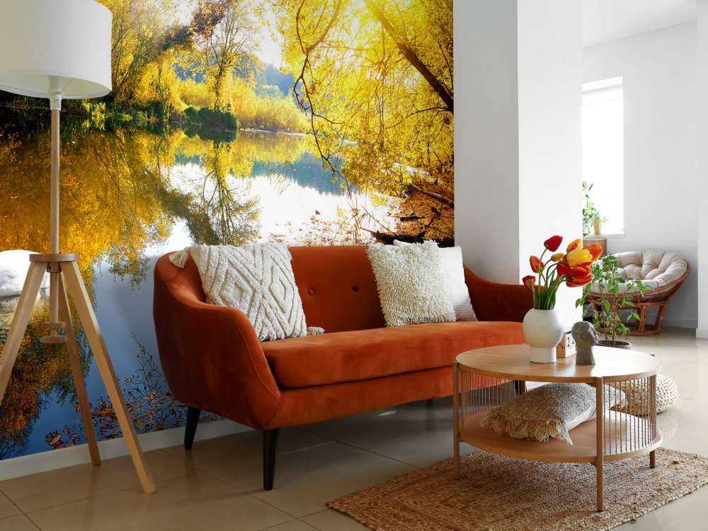 Witte Zwaan op Rivier met herfst