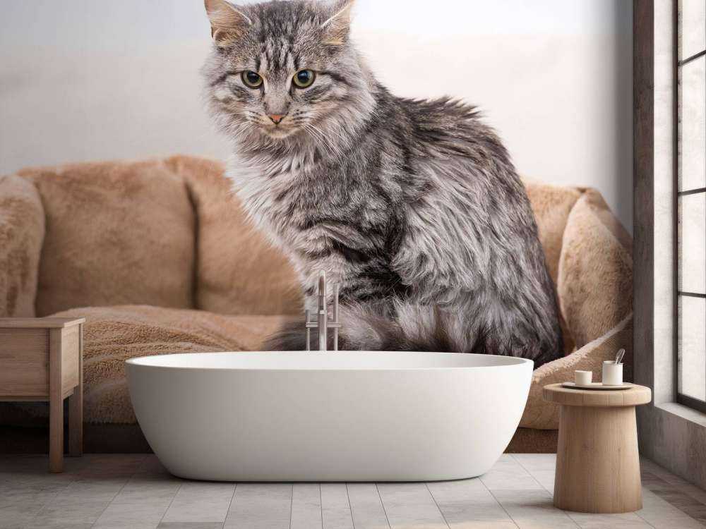 Grijze kat zit in een mand